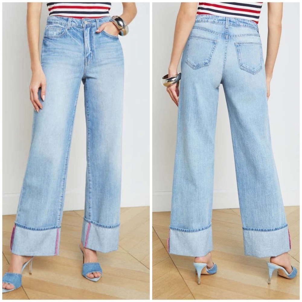 New L’agence Miley Ultra High Rise Wide Leg Jeans Emerson Blue Cuffed Sz 29